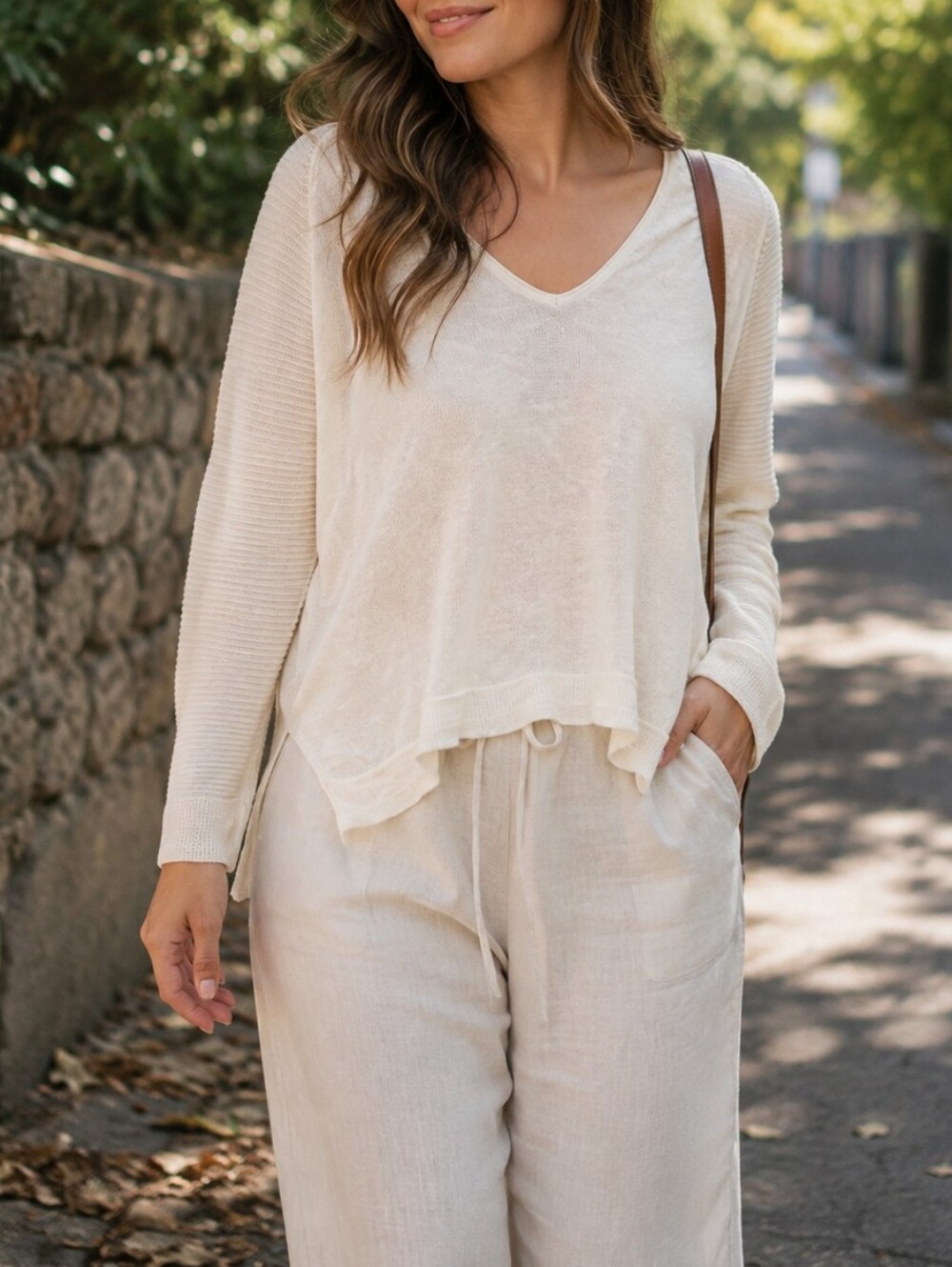 LINE Cream Linen Blend V-Neck Lightweight High-Low Sweater Women Casual Travel